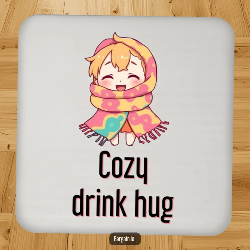 Funny Coaster: A tiny character is comically lost inside a ridiculously large, brightly patterned scarf, offering humorous surface protection.