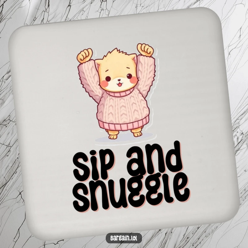 Funny coaster: A fuzzy character proudly holding a large knitted sweater, adding a humorous element to drink protection.