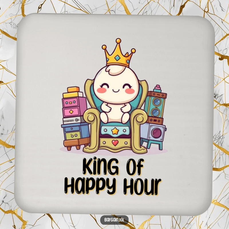 Funny drink coaster with a cheerful, round character wearing a tiny crown, sitting on a throne of thrift store items.