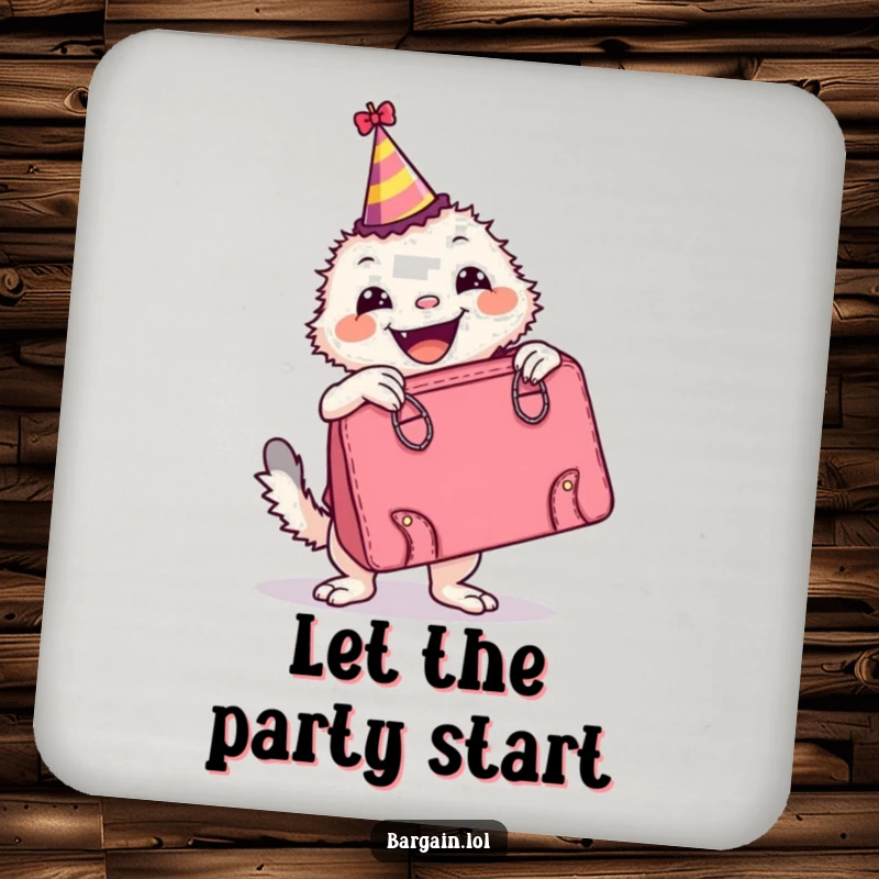 Funny Drink Coasters: A delighted creature in a party hat poses with a large retro handbag, protecting surfaces with retro style.