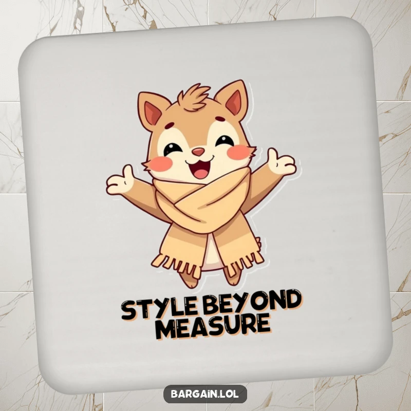 Funny Drink Coasters: A happy creature lovingly embraces a fashionable, slightly worn scarf, protecting surfaces with quirky charm.