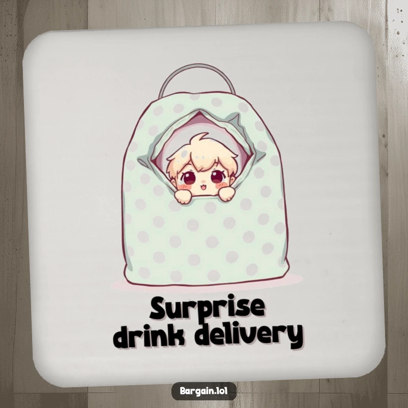 Funny tiny character peeking from a giant polka-dotted thrift bag with surprised eyes, depicted on a drink coaster for humor.
