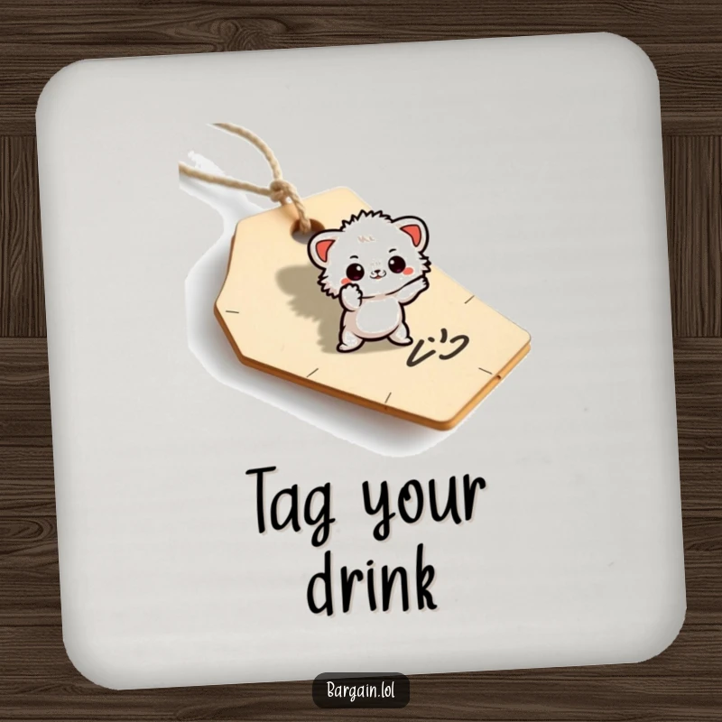 Funny drink coasters with a small fuzzy being striking a dramatic pose on a discarded price tag.