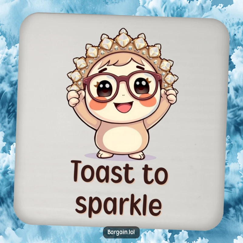 Funny drink coaster, round character with glasses displaying a giant sparkly brooch, protecting surfaces with humor.