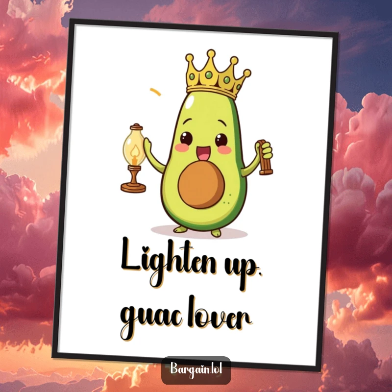 Funny triumphant avocado wearing a paper crown holding a dusty vintage lamp as wall art, celebrating healthy choices.