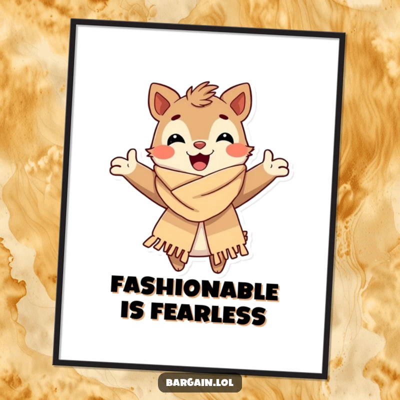 Funny Poster: A joyful creature with outstretched arms lovingly hugs a fashionable, slightly tattered scarf, creating a heartwarming and humorous artwork.