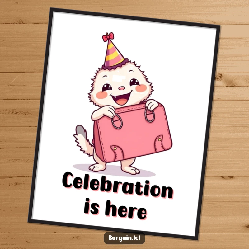 Funny Poster: A happy creature wearing a party hat poses with an enormous, stylish retro handbag, bringing festive cheer to any room.