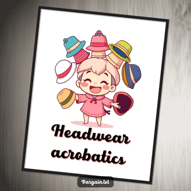 Funny poster art of a character with a big grin, playfully juggling numerous mismatched, colorful hats, a celebration of vibrant skill.