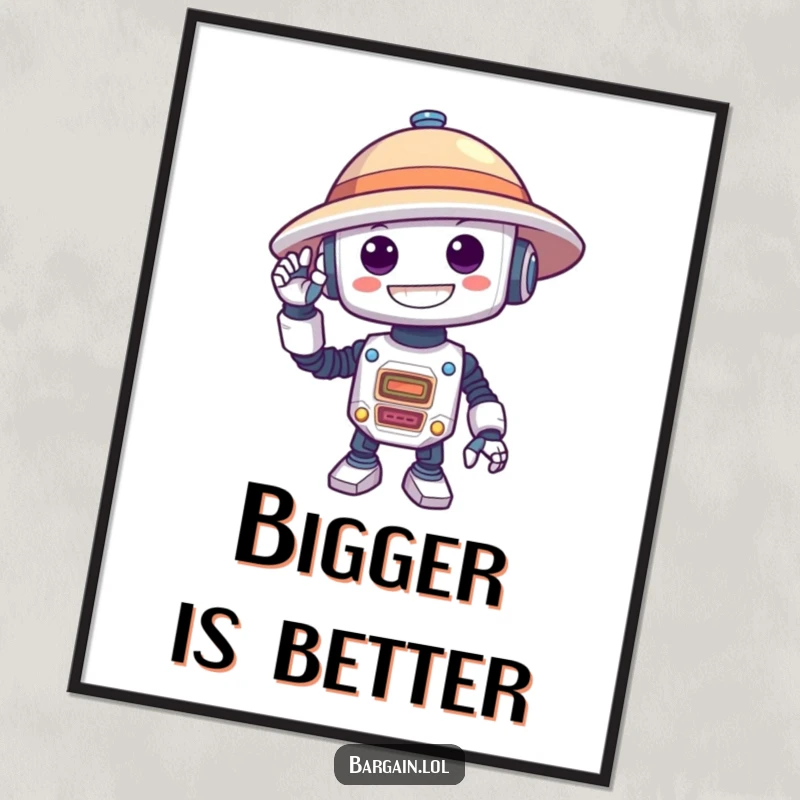 Funny poster of a silly robot with a wide, delighted grin attempting to wear a comically oversized hat.