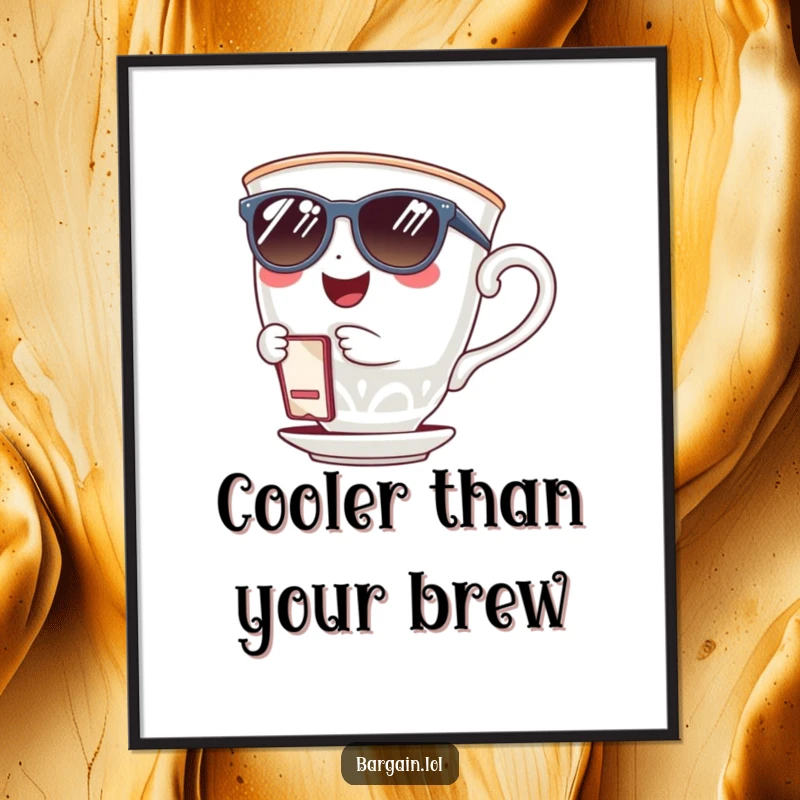 Funny giggling teacup wearing sunglasses and holding a tiny coupon clip, as a vibrant poster. A humorous and stylish wall decoration.