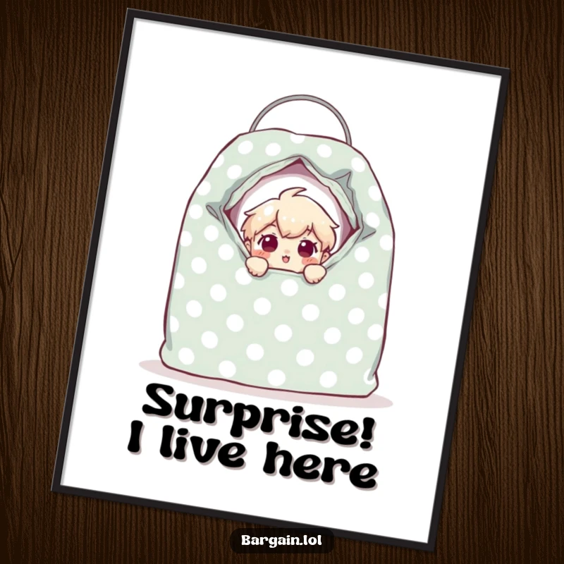 Funny tiny character peeking from a giant polka-dotted thrift bag with a surprised expression, depicted as humorous wall art.