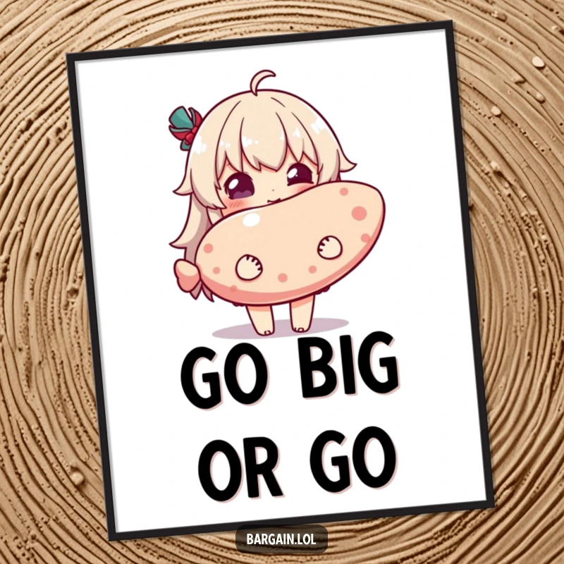 Funny poster art of a character with an expression of pure delight, holding an enormously oversized novelty item, a celebration of joyful fun.