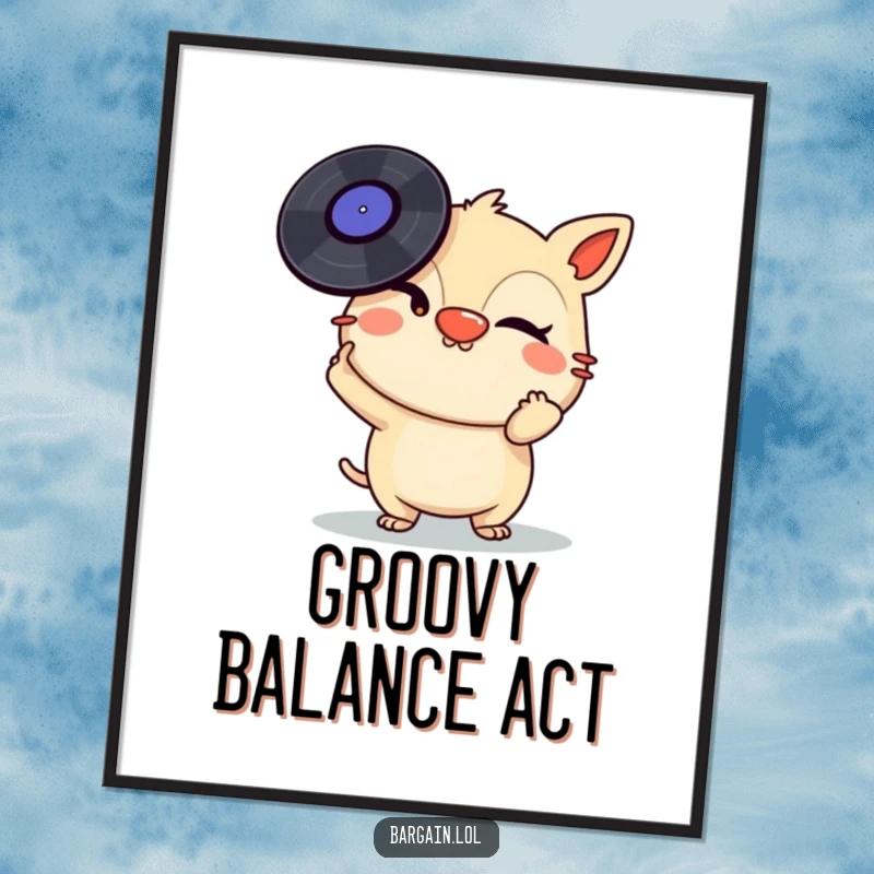 Funny Poster: A mischievous creature with a wink balances a stack of vinyl records on its nose, creating a humorous music-themed artwork.