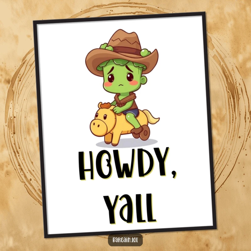 Funny poster art of a confused broccoli sprout wearing a cowboy hat, riding a squeaky toy in a western theme.
