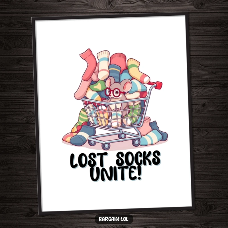 Funny tiny mouse with a monocle inspecting mismatched socks spilling from a shopping cart as wall art.