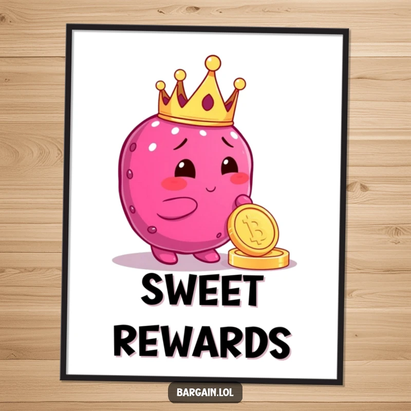Funny poster showing a plump berry character wearing a crown, admiring a shiny coin, perfect for adding a touch of whimsical luxury.