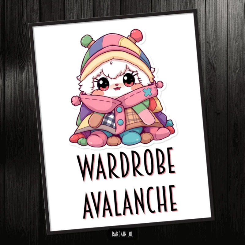 Funny poster, fluffy character with wide eyes peeking from a huge messy pile of colorful clothes, decor.