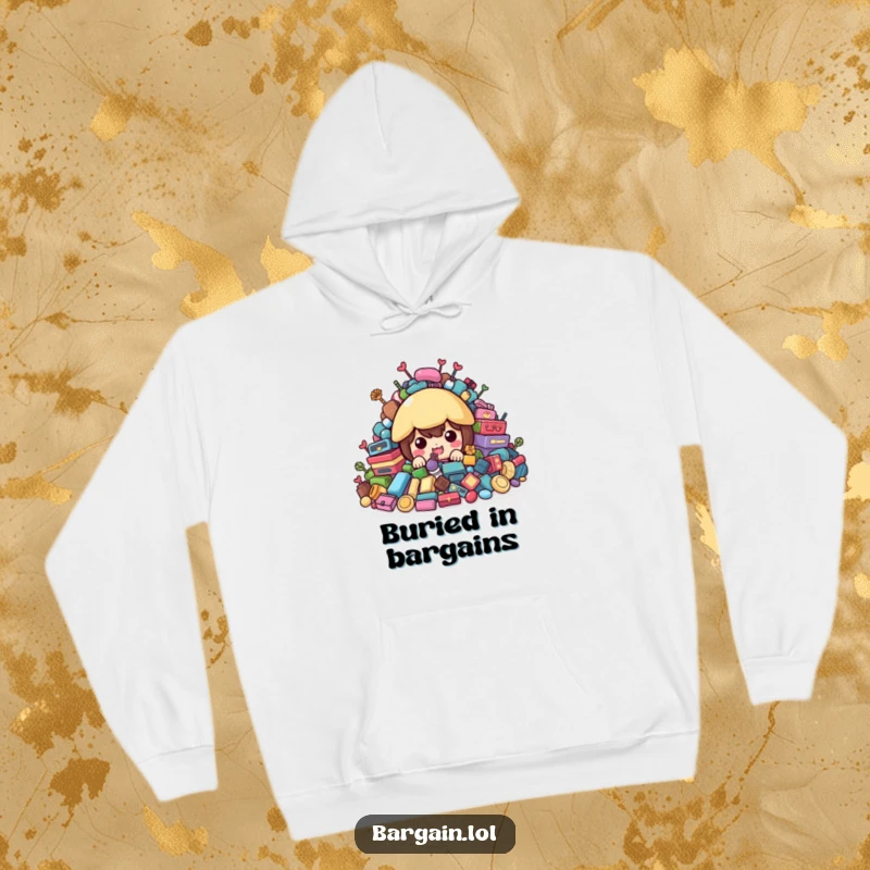 Funny Hoodie: Character hiding behind colorful second-hand treasures, peeking out cozily.