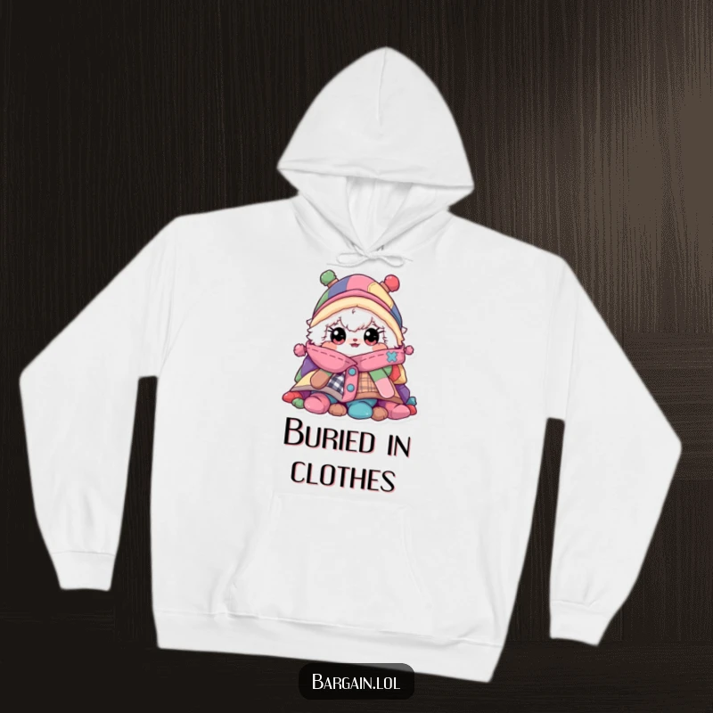Funny hoodie, fluffy wide-eyed character hiding behind a mountain of colorful mismatched garments, cozy humor.