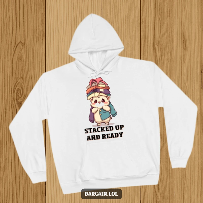 Funny fuzzy creature concentrating hard while balancing a towering stack of vintage clothing, designed for a cozy and humorous hoodie.