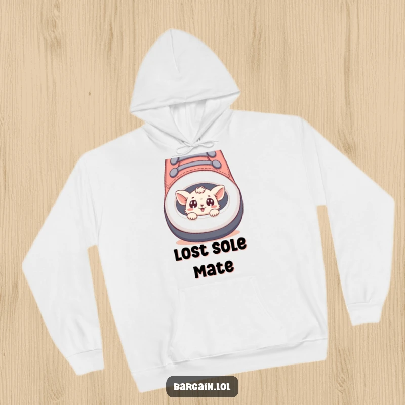 Funny hoodie showing a small creature peeking out of an oversized shoe, with a look of pure delight.