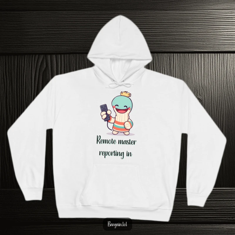 Funny sock puppet hoodie, triumphantly holding a remote control, cozy and warm, celebrating a win, perfect funny gift.