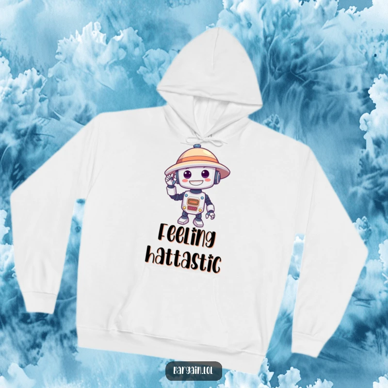 Funny hoodie featuring a delighted robot with a big grin trying its best to wear an overly large hat.