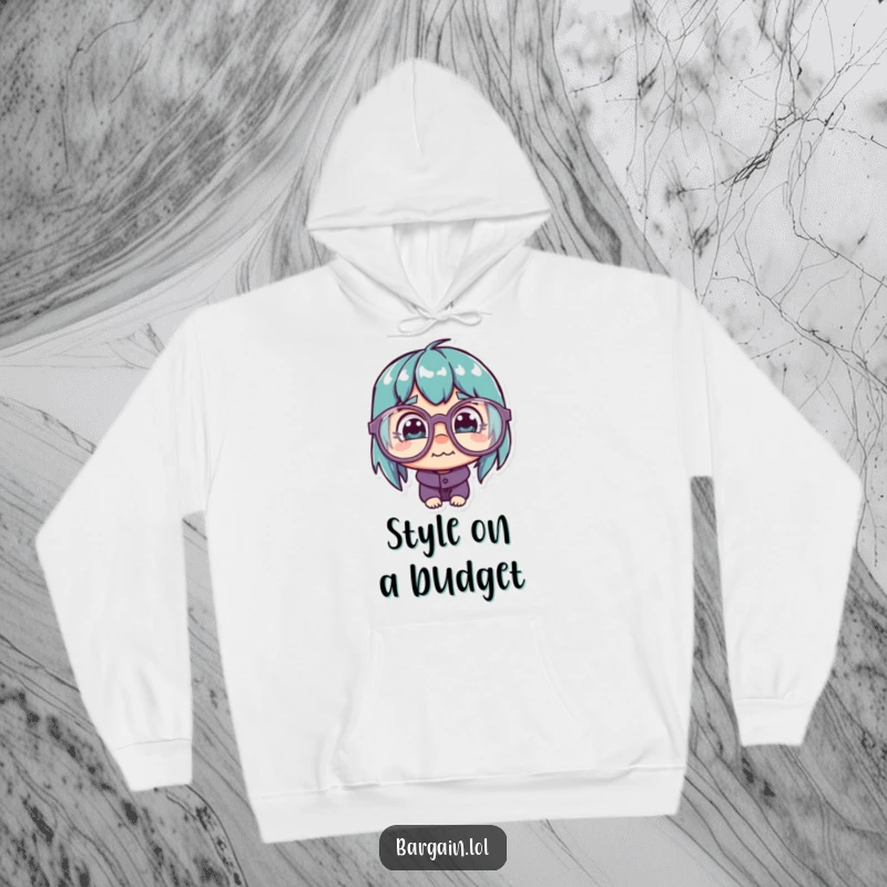 Funny Hoodie: Character wearing quirky glasses, focusing on a cheap price tag, signaling savvy shopping.