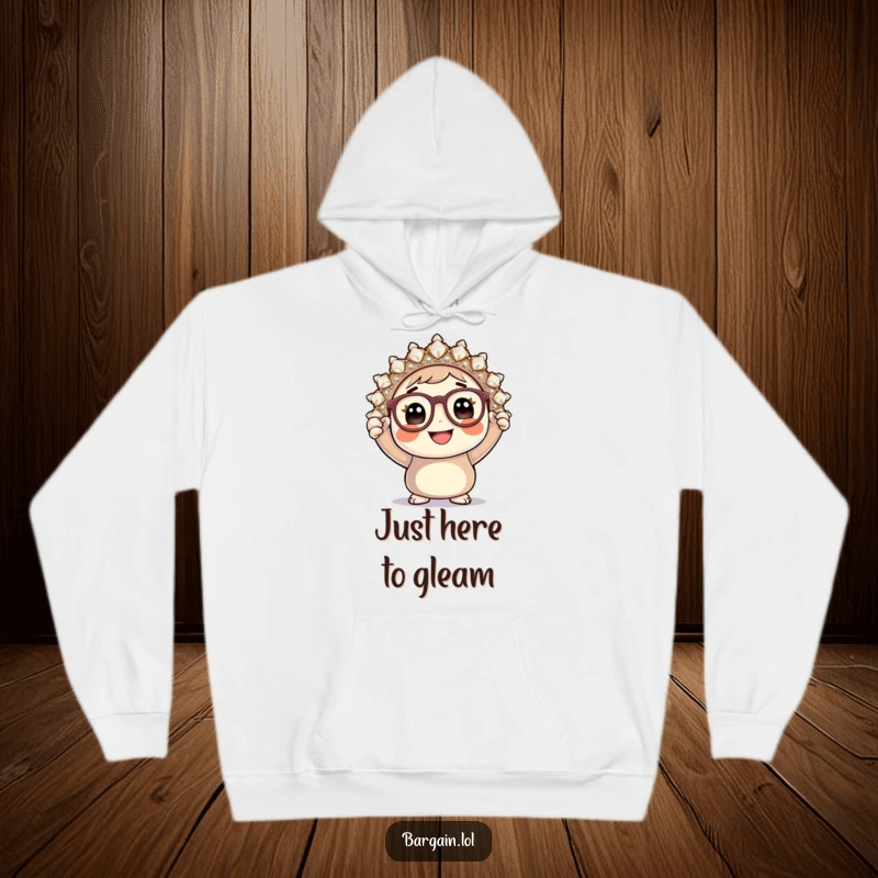 Funny hoodie, round character with tiny glasses proudly displays a giant sparkly brooch, cozy and humorous.