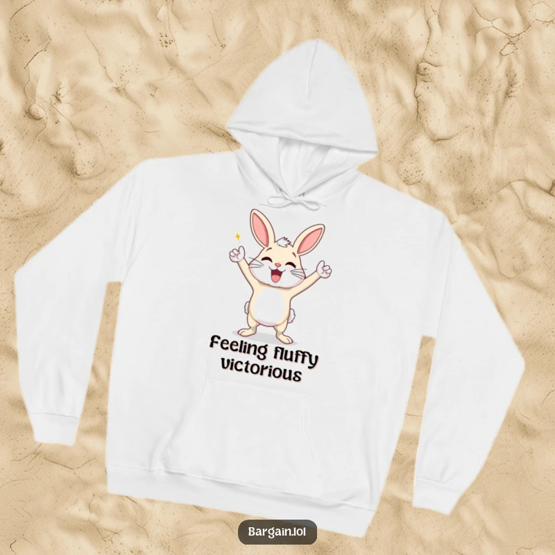 Funny hoodie featuring an exaggeratedly happy dust bunny doing a triumphant victory dance, perfect for cozy celebrations and humorous warmth.