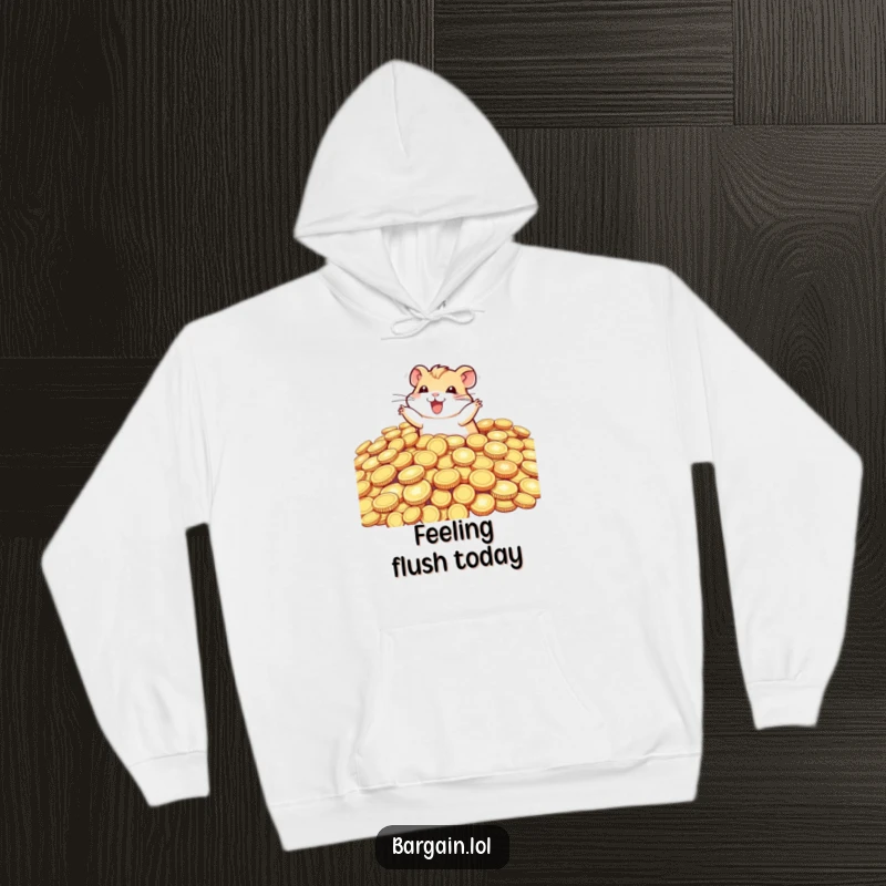 Funny tiny hamster joyfully submerged in oversized, glittering coins, perfect for a cozy and humorous hoodie design.