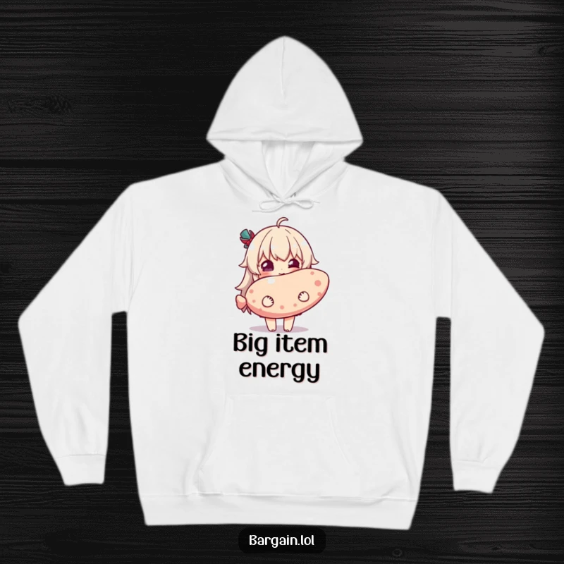 Funny hoodie with a character showing pure delight while holding a ridiculously oversized novelty item, embodying cozy, humorous happiness.