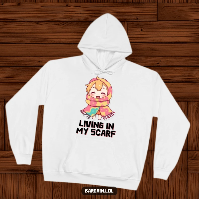 Funny Hoodie: A tiny character is almost completely enveloped by a ridiculously large, colorful scarf, looking utterly content.