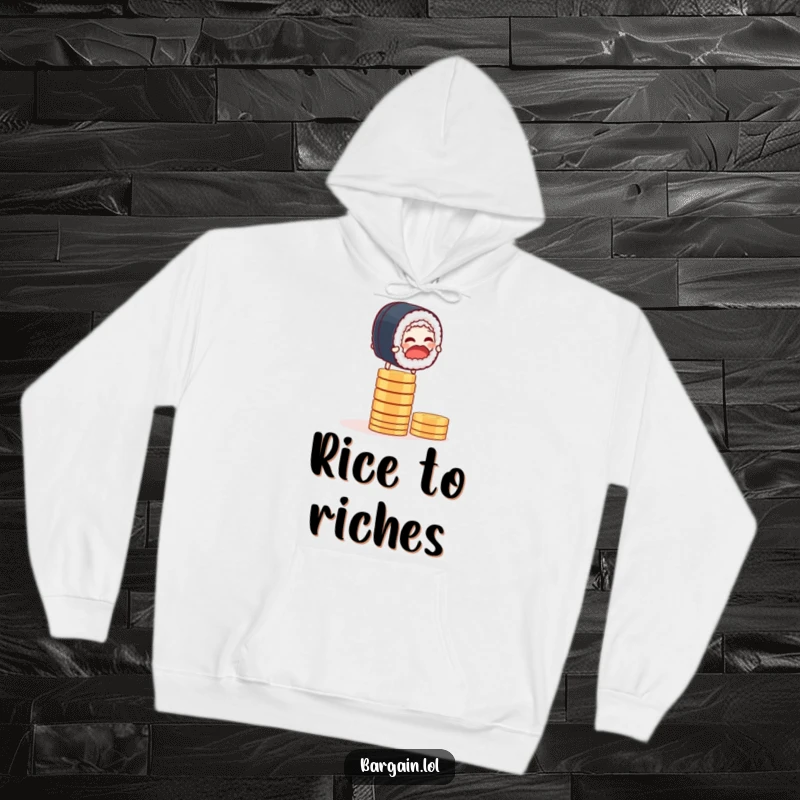 Funny hoodie with a giggling sushi roll precariously balancing on a stack of coins, ideal for cozy humor.
