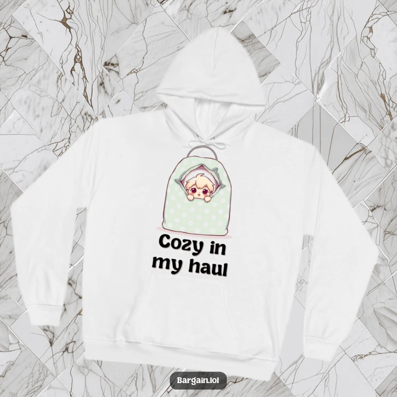 Funny tiny character peeking from a giant polka-dotted thrift bag with a surprised look, designed for warmth and humor on a hoodie.