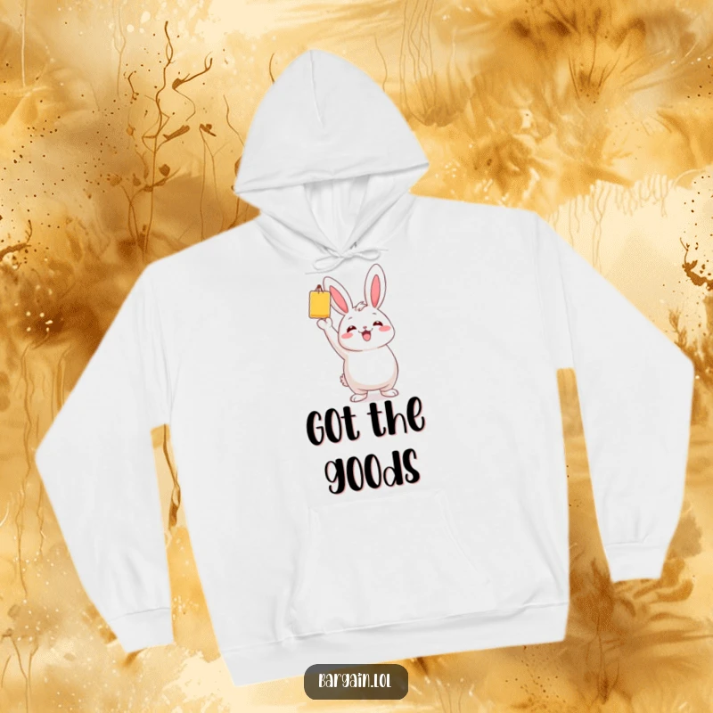 Funny hoodie depicting a chubby bunny character triumphantly holding a single, vibrant bargain item aloft.