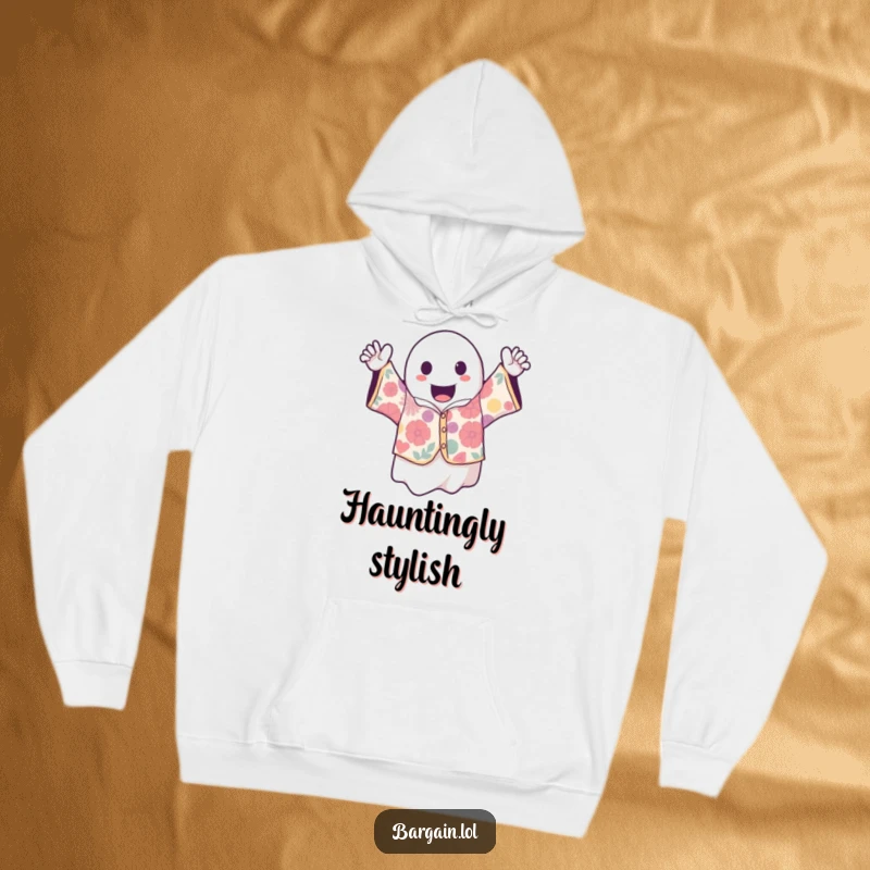 Funny kawaii ghost adorably holding a loud, patterned vintage shirt, ideal for staying warm and fashionable during spooky seasons.