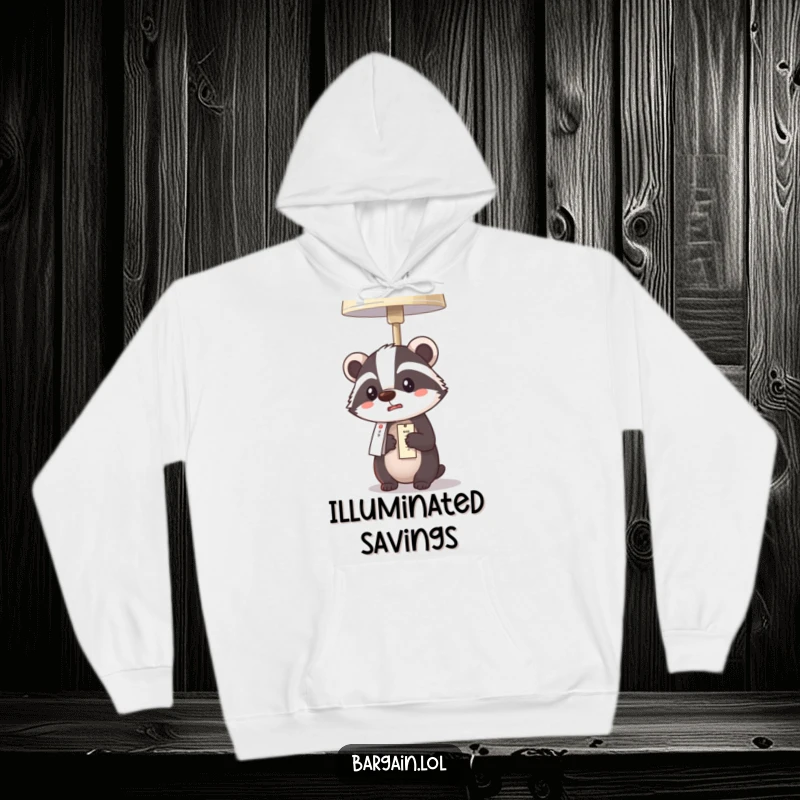 Funny Kawaii badger hoodie showing a badger’s comical surprise at a bargain lamp price, ideal for cozy shopping fans.