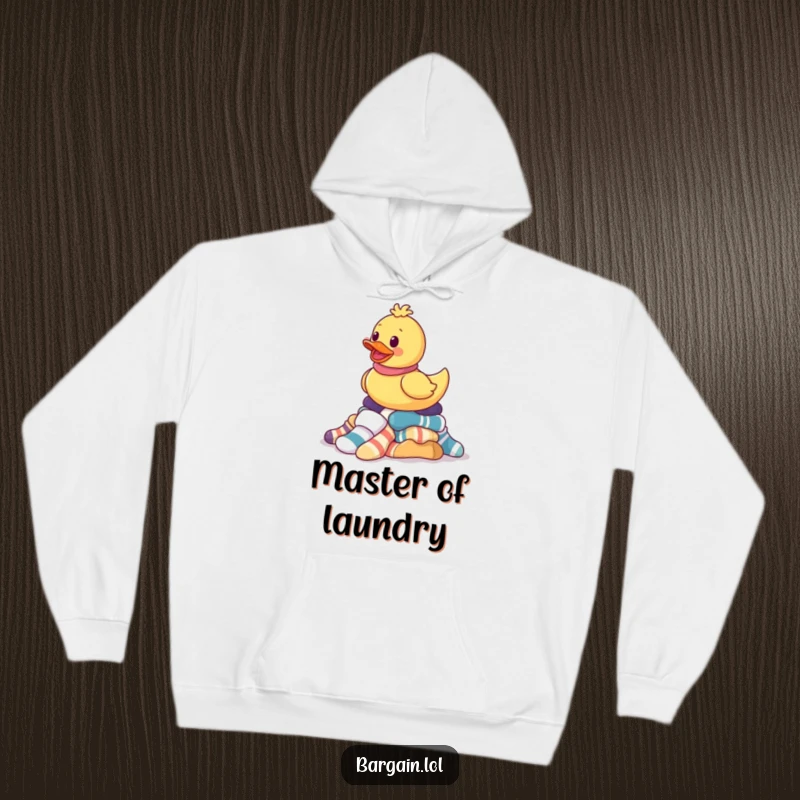 Funny hoodie showing a rubber ducky gleefully balancing a pile of mismatched socks, symbolizing laundry day triumphs and humor.