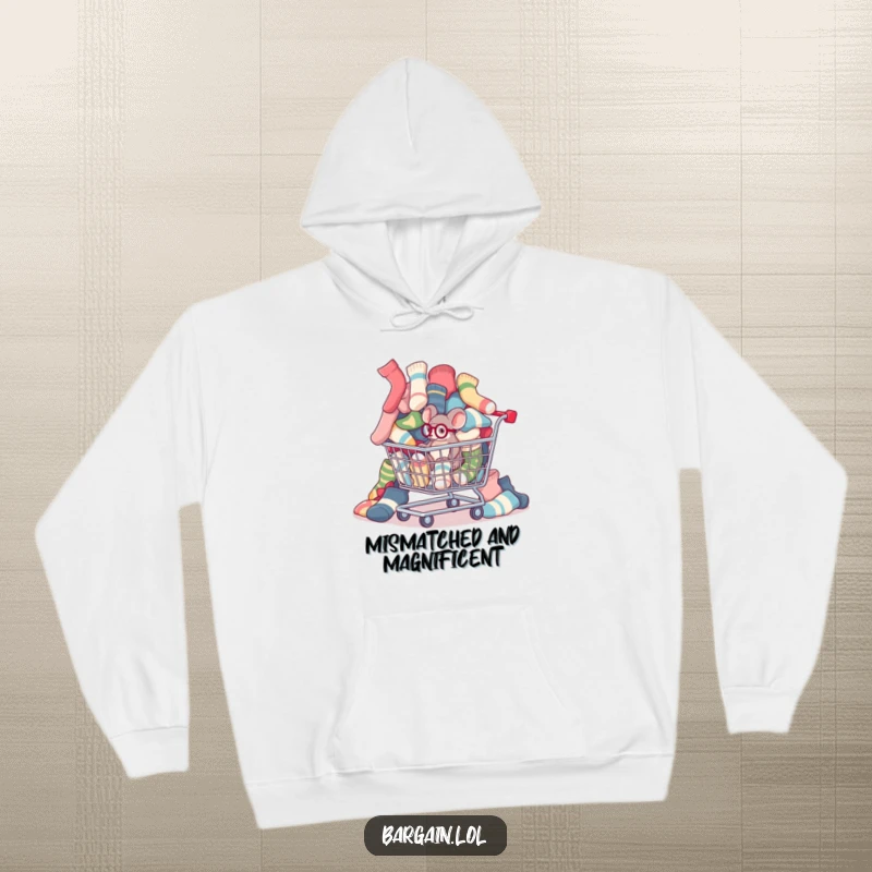 Funny tiny mouse with a monocle inspecting mismatched socks spilling from a shopping cart on a cozy hoodie.