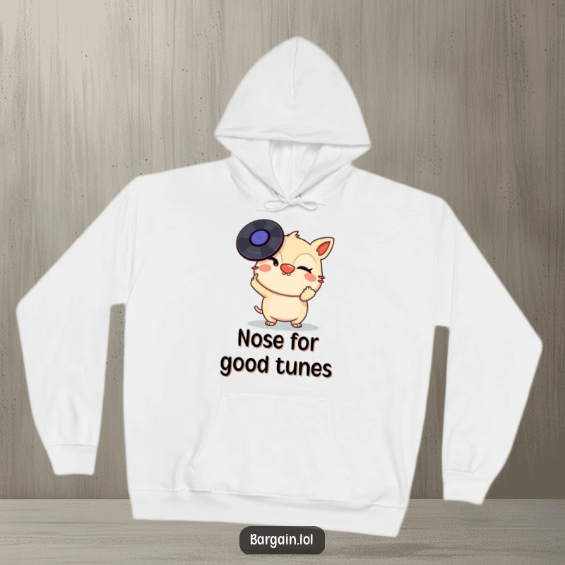 Funny Hoodie: A mischievous creature winks slyly while balancing a pile of vinyl records on its nose, a true music aficionado.