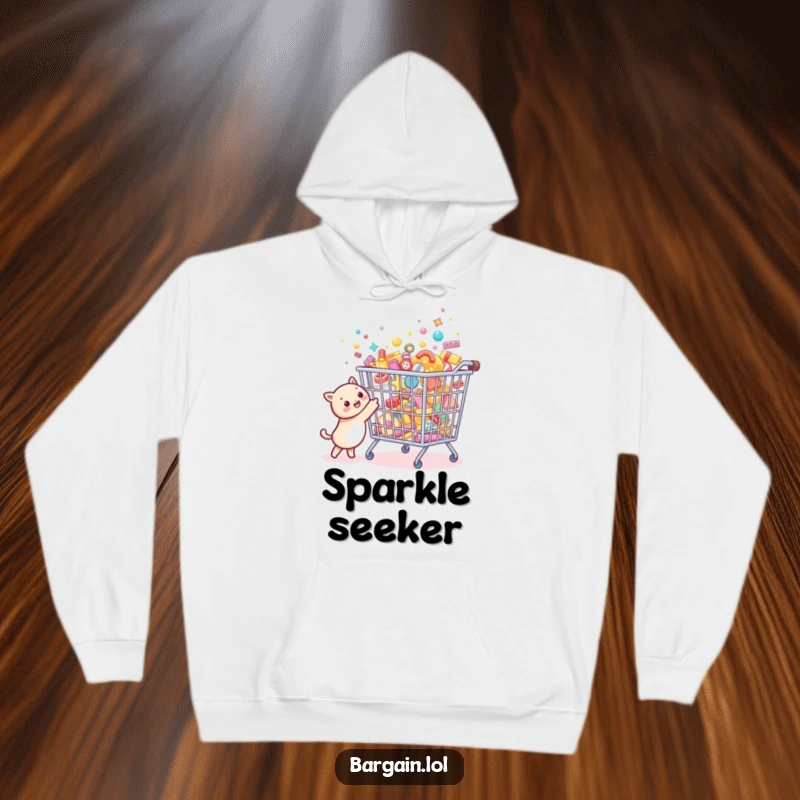 Funny Bargain Hunter Hoodie featuring a tiny creature joyfully pointing at a comically oversized, sparkling bargain bin filled with tiny treasures.