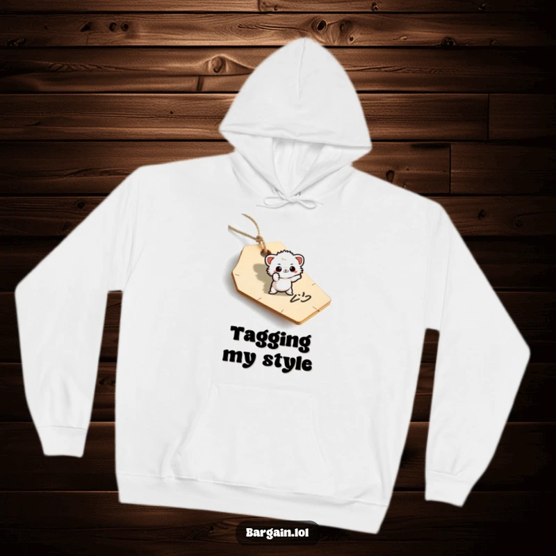 Funny hoodie showing a small fuzzy being striking a theatrical pose on a sale price tag.