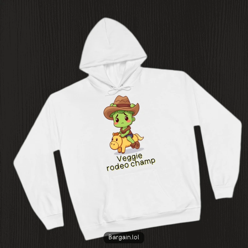 Funny hoodie with a confused broccoli sprout wearing a cowboy hat, riding a squeaky toy, perfect for chilly days.