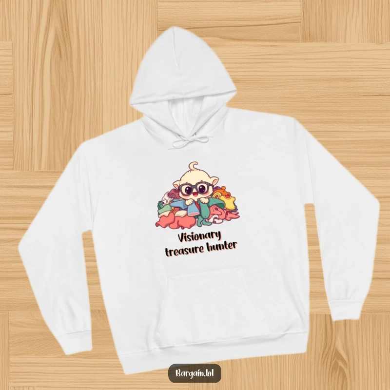 Funny hoodie featuring a whimsical creature wearing large spectacles, digging excitedly through a vast collection of used clothing.