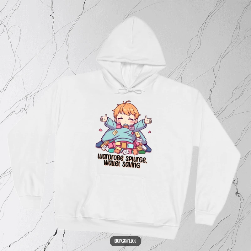 Funny Hoodie: Character embracing a large pile of absurd, discounted clothing, radiating cozy shopping joy.
