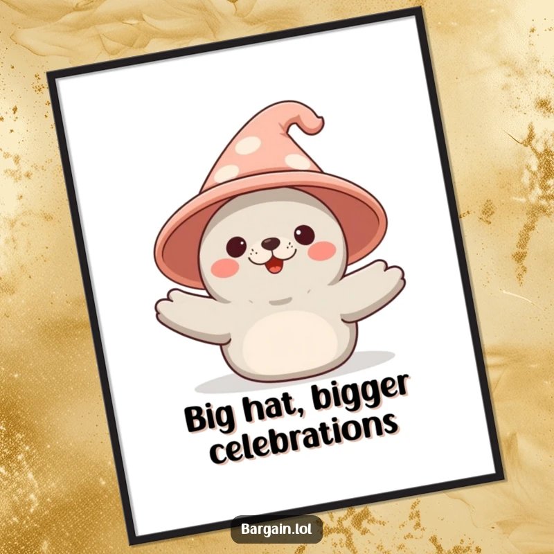 Funny Free Printable Wall Art: Kawaii seal triumphantly holds an enormous novelty hat, creating a whimsical, humorous display.