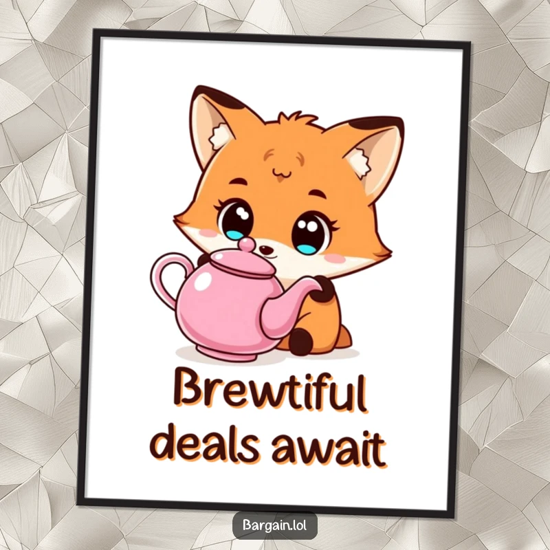 Funny Free Printable Wall Art: A Kawaii fox stares with wide-eyed fascination at a uniquely shaped, affordable teapot.