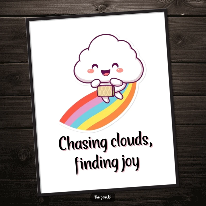 Funny Free Printable Wall Art: Smiling cloud character joyfully travels down a rainbow, holding a small gift bag.