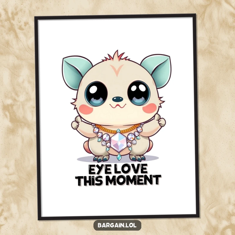 Funny Free Printable Wall Art of a creature with enormous googly eyes triumphantly holding a cheap, sparkly necklace.